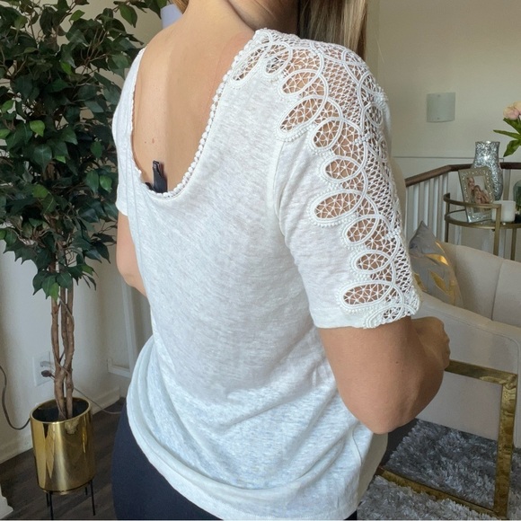 Sandro Paris White Short Embroidered Lace Sleeves Crew Neck Size L - Picture 6 of 13